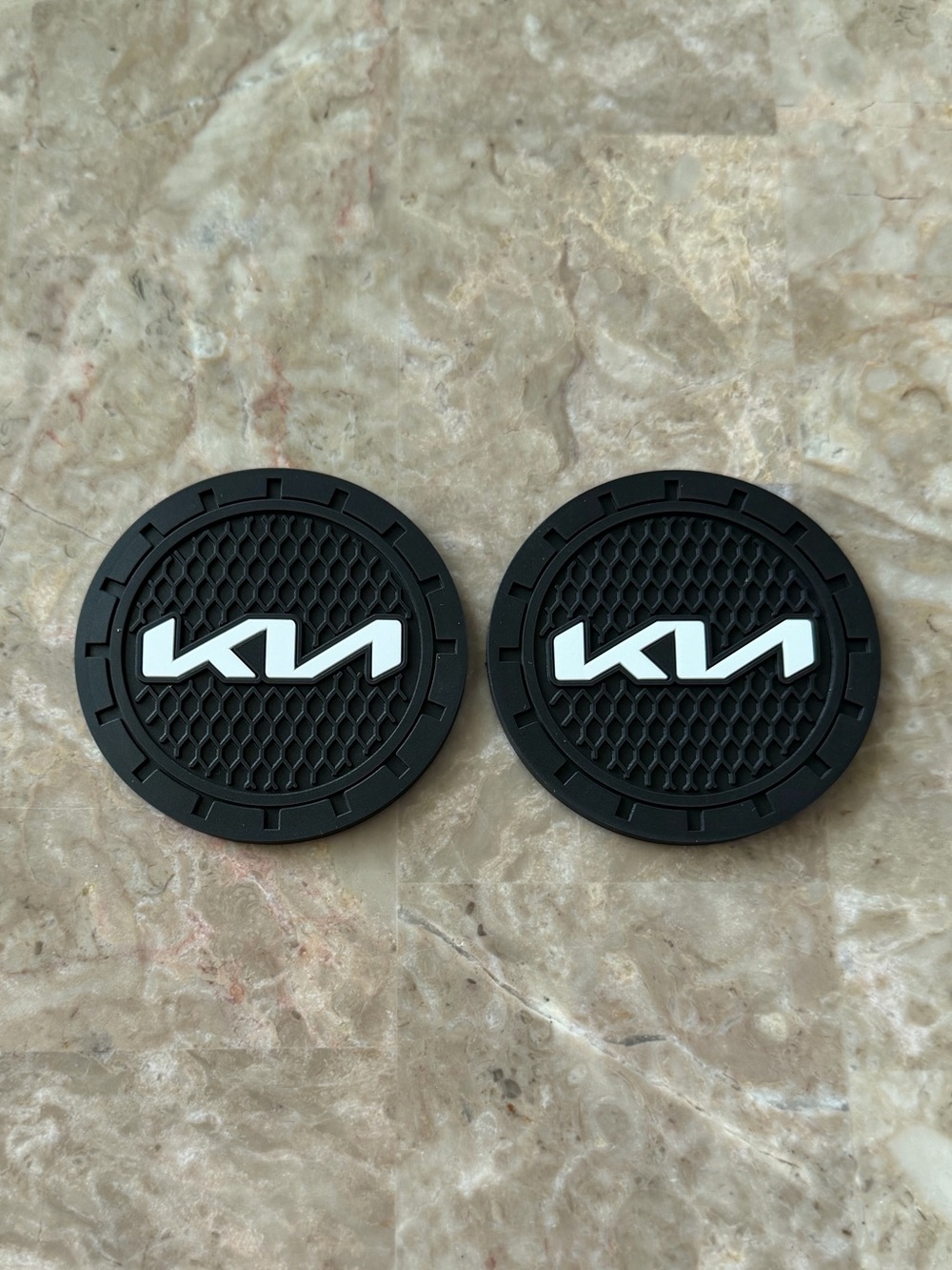 Kia logo cup Coasters in gray & black set of 2 NWT